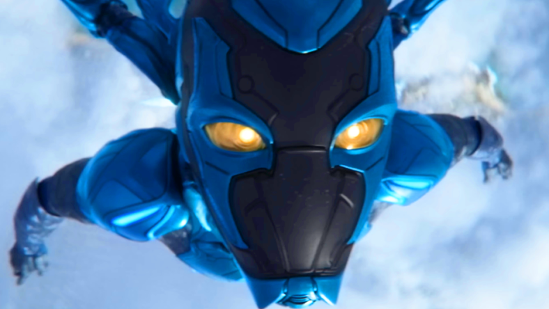 Jamie Reyes (Xolo Maridueña) takes to the skies in Blue Beetle (2023), DC Studios