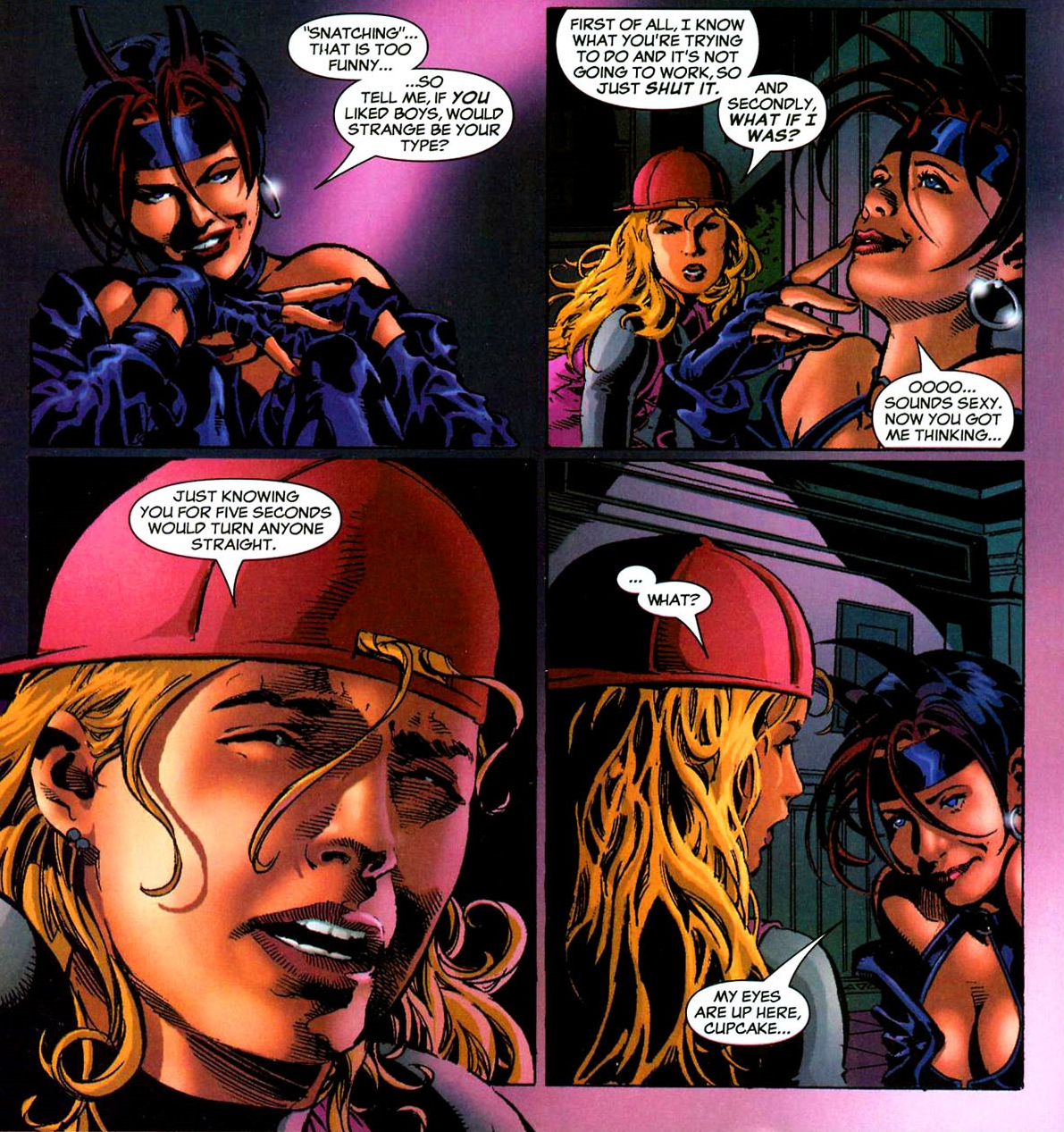 Satana mocks Jennifer Kale's sexuality in Witches Vol. 1 #2 "The Brood' (2004), Marvel Comics. Words by Brian Patrick Walsh, art by Mike Deodato Jr., Michael Kelleher, and Dave Sharpe