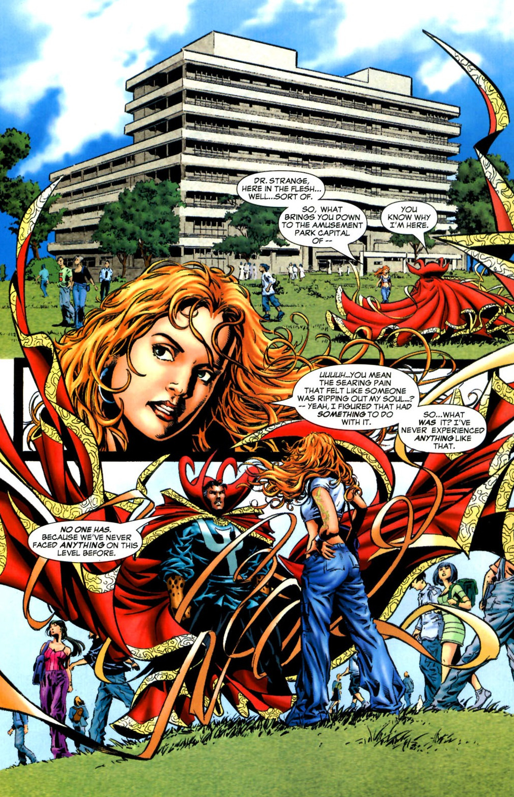 Doctor Strange requests the help of Jennifer Kale in Witches Vol. 1 #1 "The Gathering' (2004), Marvel Comics. Words by Brian Patrick Walsh, art by Mike Deodato Jr., Michael Kelleher, and Dave Sharpe