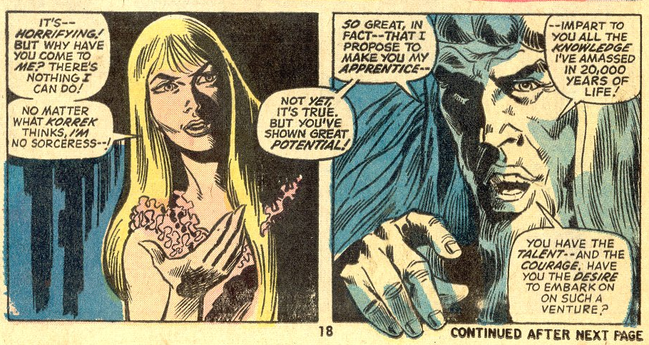 Dakimh has a proposal for Jennifer Kale in Fear Vol. 1 #19 "The Enchanter's Apprentice!" (1973), Marvel Comics. Words by Steve Gerber, art by Val Mayerik, Sal Trapani, Stan Goldberg, and Art Simek.