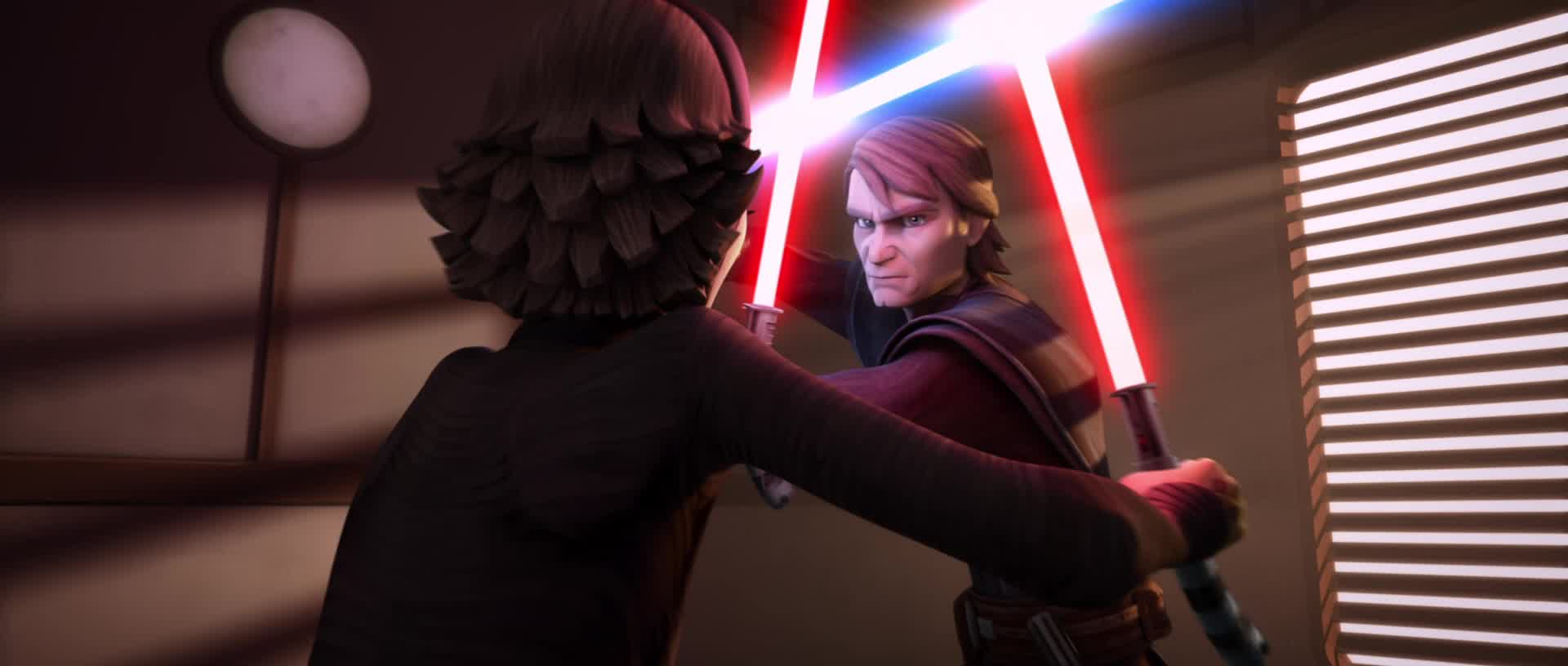 Anakin Skywalker (Matt Lanter) discovers Barriss Offee's (Meredith Salenger) treachery in Star Wars: The Clone Wars Season 5 Episode 20 "The Wrong Jedi" (2013), Lucasfilm Animation