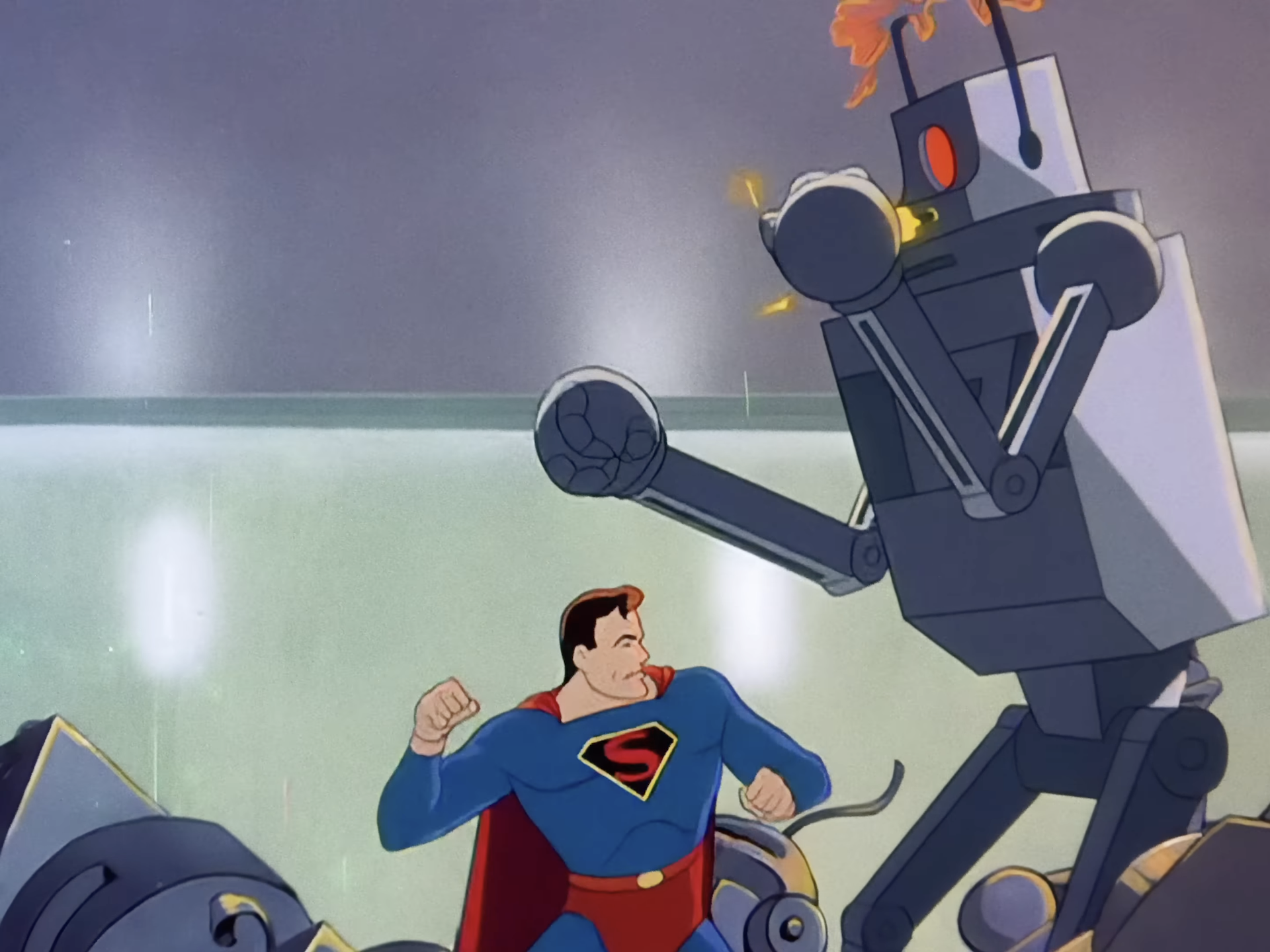 Superman (Bud Collyer) luta contra um robô gigante em Superman: The Mechanical Monsters (1941), de Max Fleischer, Paramount Pictures