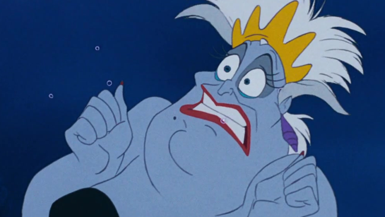 Ursula (Pat Carroll) encounters a bump in her plans in The Little Mermaid (1989), Walt Disney Studios