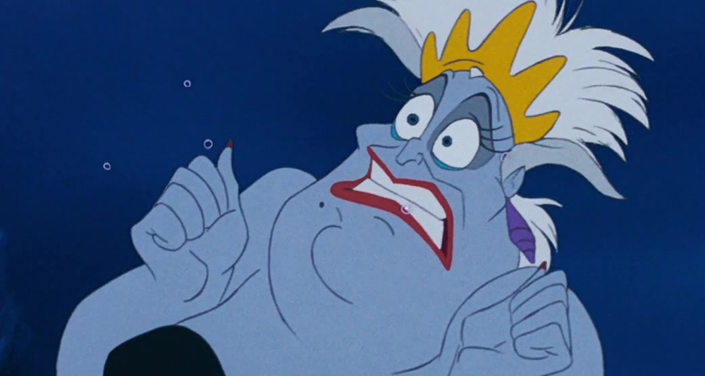 Ursula (Pat Carroll) encounters a bump in her plans in The Little Mermaid (1989), Walt Disney Studios