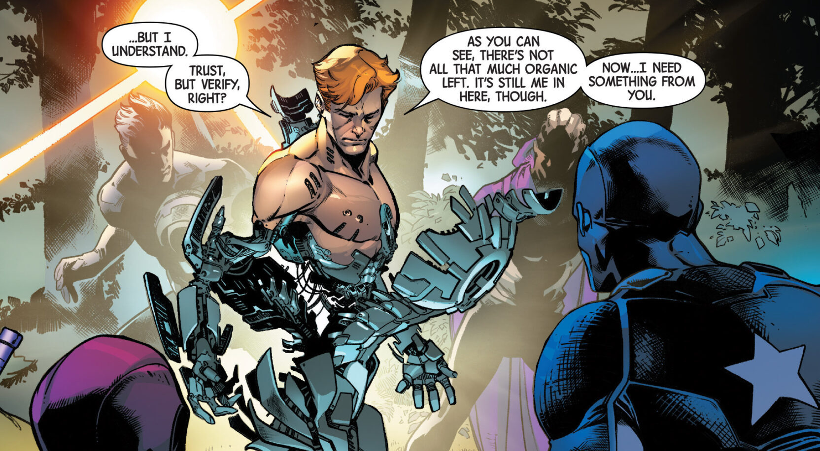 Hank Pym reveals that he's merged with Ultron in Uncanny Avengers Vol. 3 #10 "Who Are You Wearing?" (2016), Marvel Comics. Words by Gerry Duggan, art by Pepe Larraz, David Curiel, and Clayton Cowles.