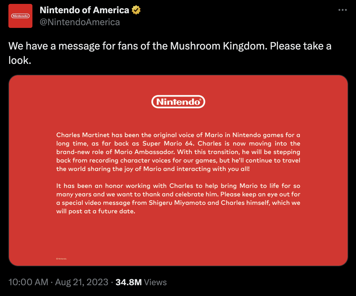 Nintendo anuncia que Charles Martinet não fará mais vozes de personagens de videogame via Twitter