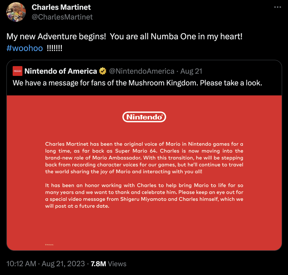 Charles Martinet aborda o anúncio da Nintendo via Twitter