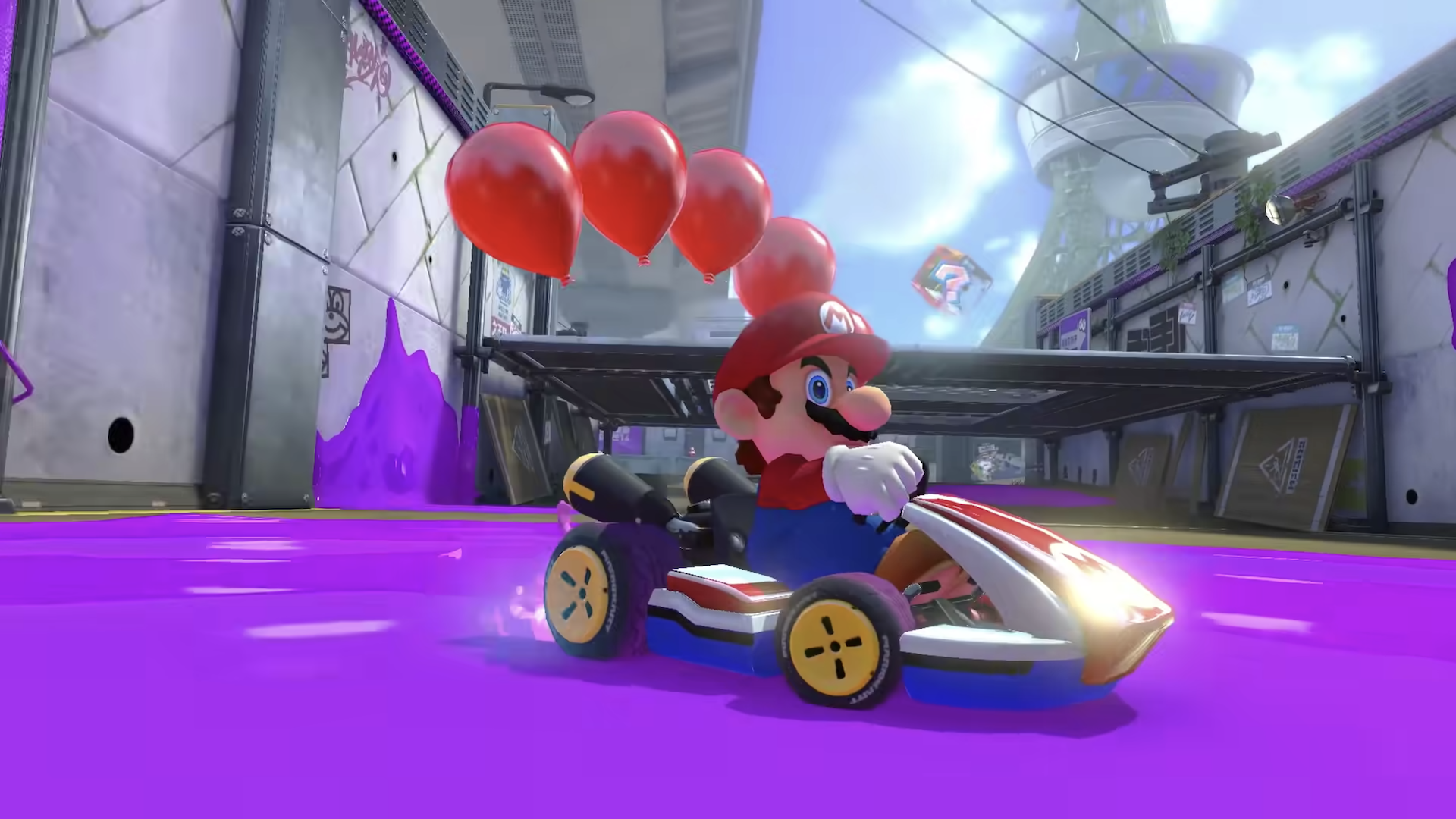 Mario (Charles Martinet) participa de um evento Battle Mode em Mario Kart 8 Deluxe (2017), Nintendo