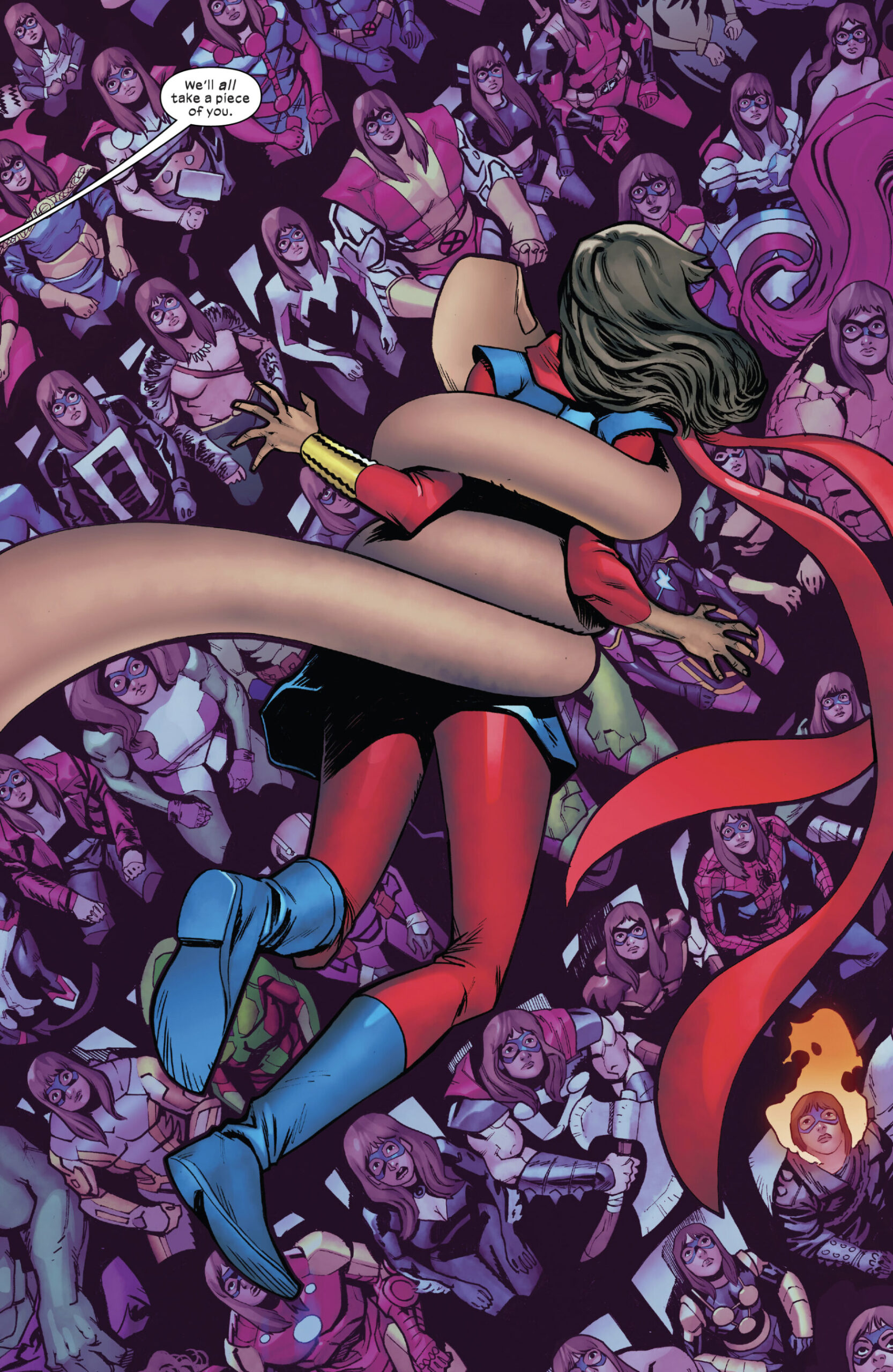 Kamala Khan is unsure of her own identity in Ms. Marvel: The New Mutant Vol. 1 #1 "The New Normal" (2023), Marvel Comics. Words by Iman Vellani and Sabir Pirzada, art by Carlos Gómez, Adam Gorham, Erick Arciniega, and Joe Caramagna.
