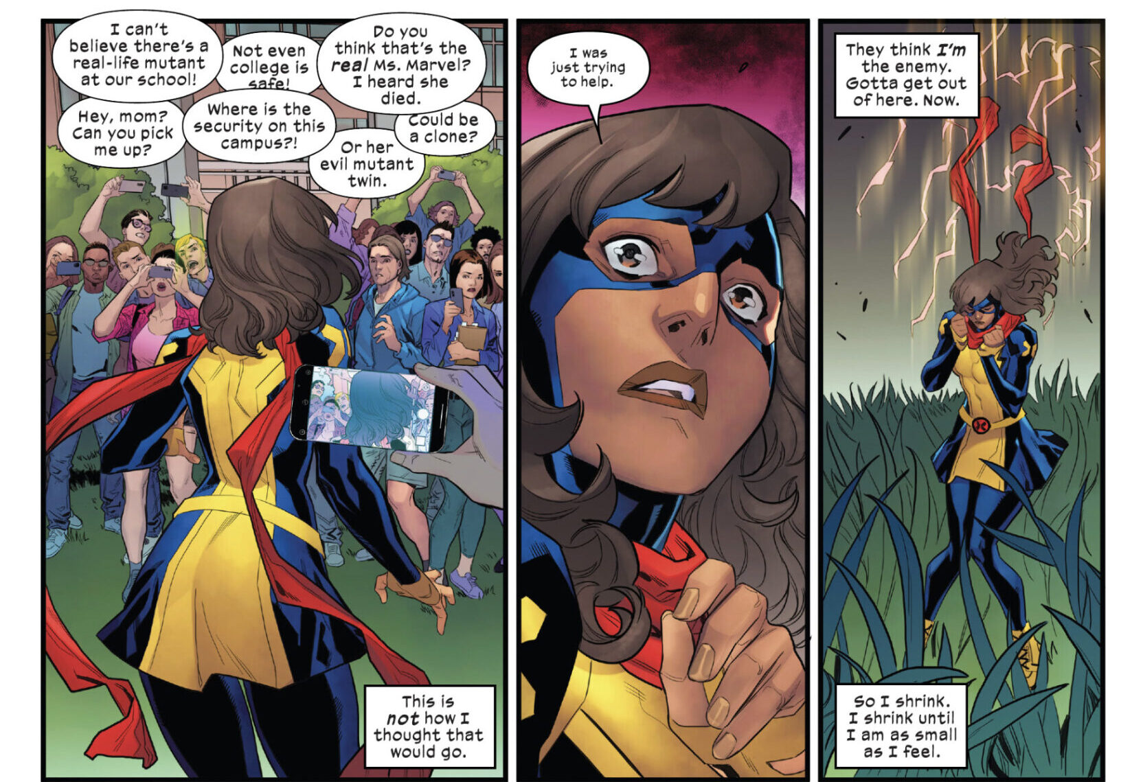 Kamala Khan comes face-to-face with humanity's fear of Mutants in Ms. Marvel: The New Mutant Vol. 1 #1 "The New Normal" (2023), Marvel Comics. Words by Iman Vellani and Sabir Pirzada, art by Carlos Gómez, Adam Gorham, Erick Arciniega, and Joe Caramagna.