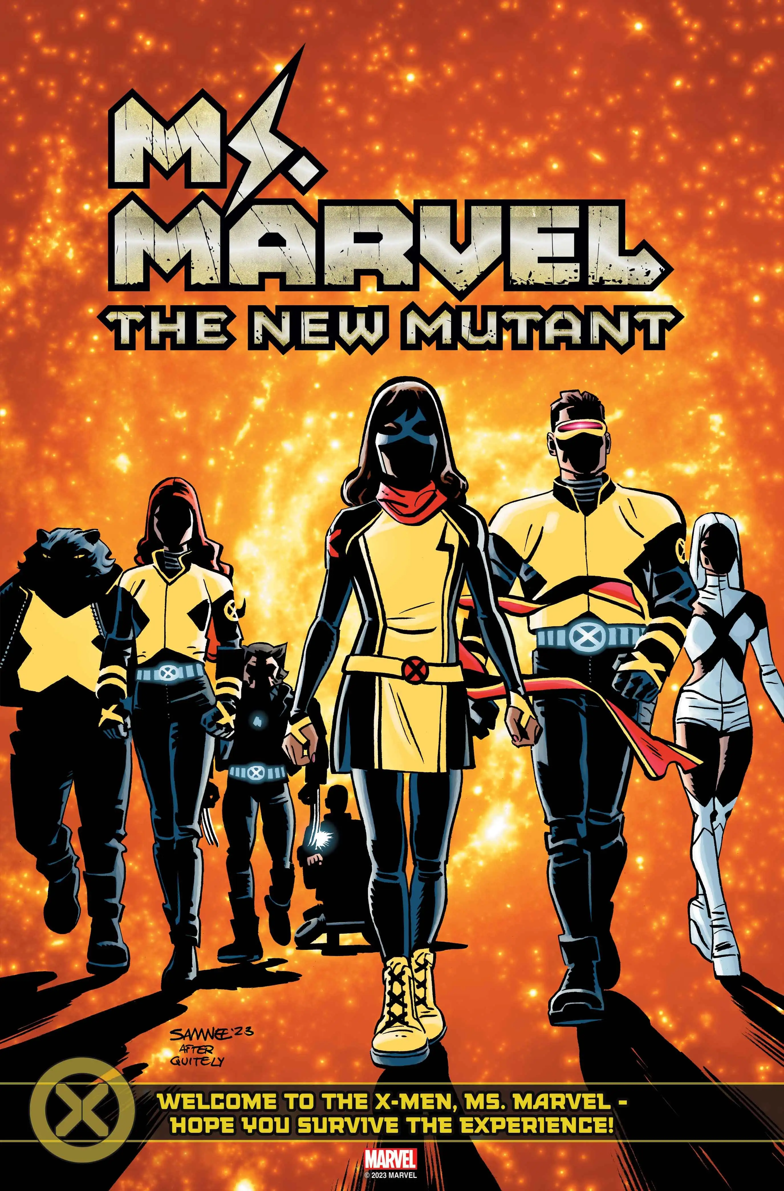 Ms. Marvel struts her stuff alongside the X-Men on Chris Samnee's homage variant cover to Ms. Marvel: The First Mutant Vol. 1 #1 (2023), Marvel Comics