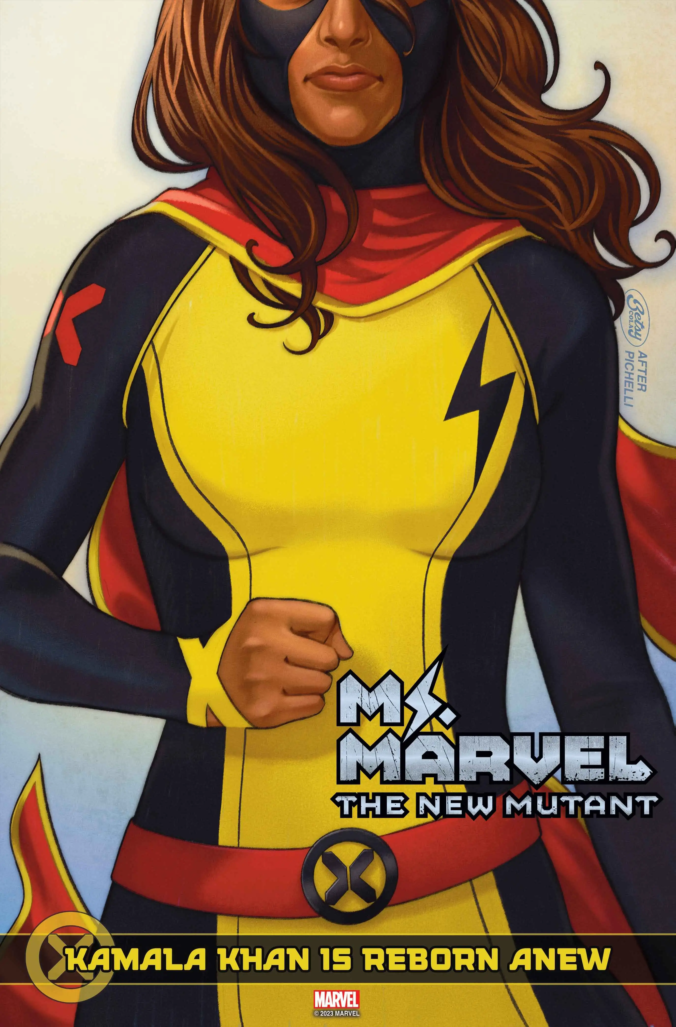 Ms. Marvel dons her new costume on Betsy Cola's homage variant cover to Ms. Marvel: The First Mutant Vol. 1 #1 (2023), Marvel Comics