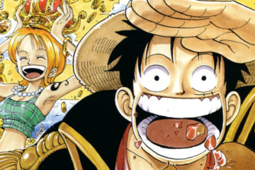 Luffy and Nami celebrate a massive haul on Eiichiro Oda's cover to One Piece Chapter 100 "The Legend Has Begun" (1999), Shueisha