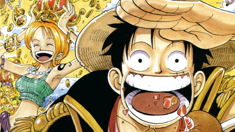 Luffy and Nami celebrate a massive haul on Eiichiro Oda's cover to One Piece Chapter 100 "The Legend Has Begun" (1999), Shueisha