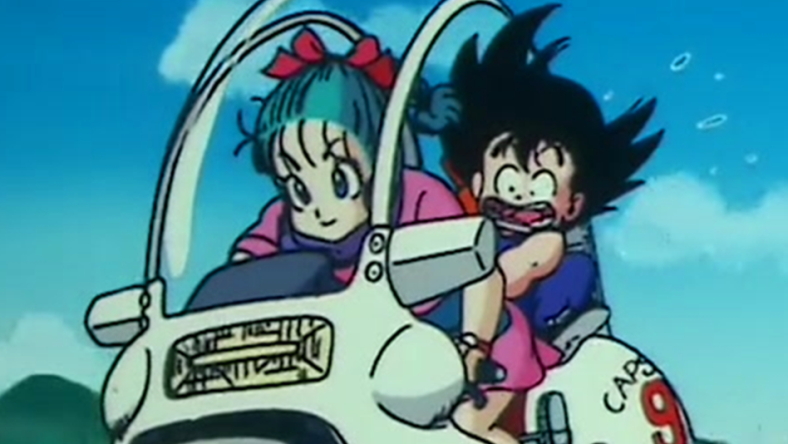 Bulma (Hiromi Tsuru) takes a young Goku (Masako Nozawa) for his first motorcycle ride in Dragon Ball Episode 1 "Bulma and Son Goku" (1986), Toei Co. Ltd.