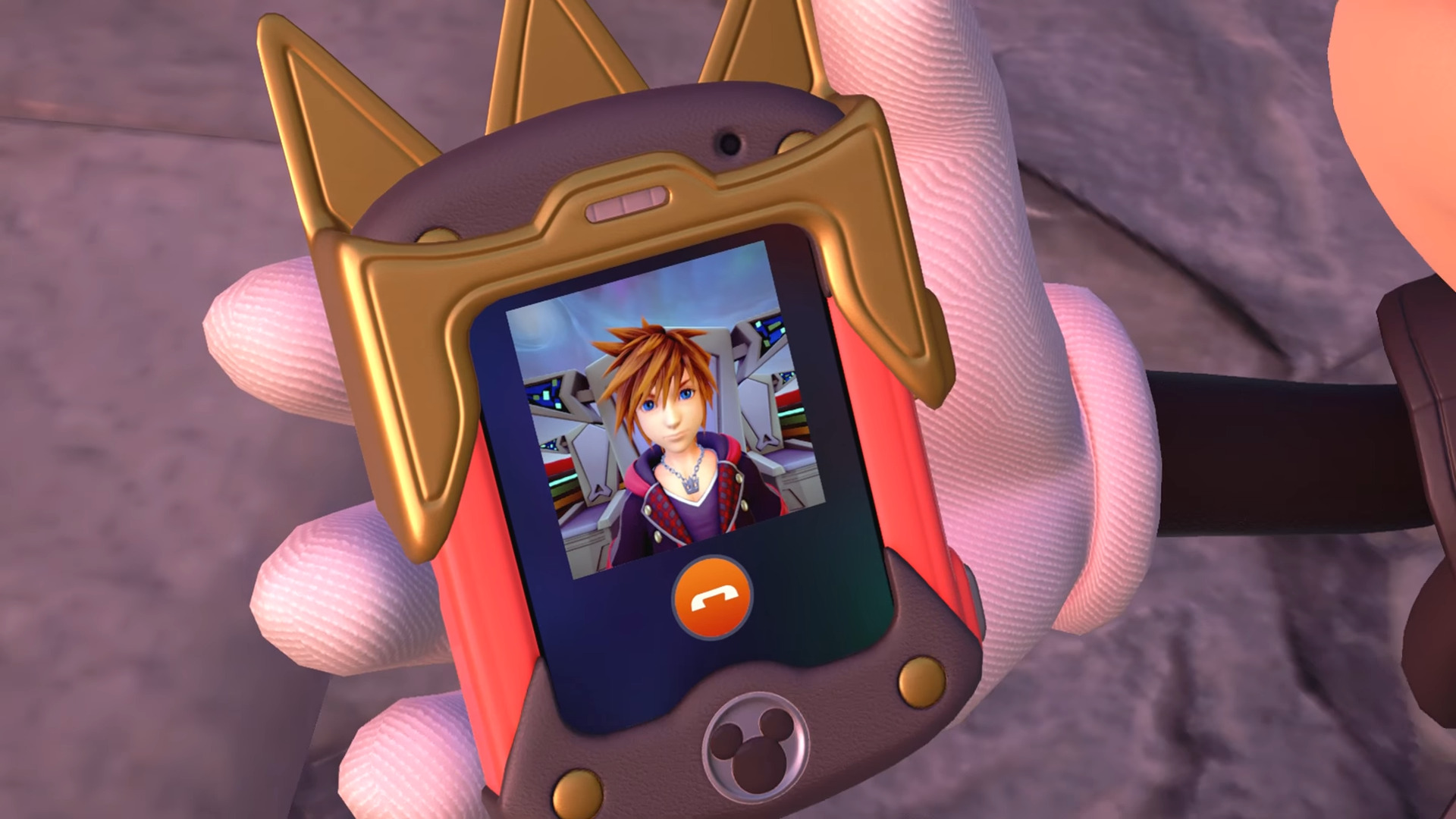 King Mickey (Chris Diamantopoulos) receives a call from Sora (Haley Joel Osment) in Kingdom Hearts 3 (2019), Square Enix