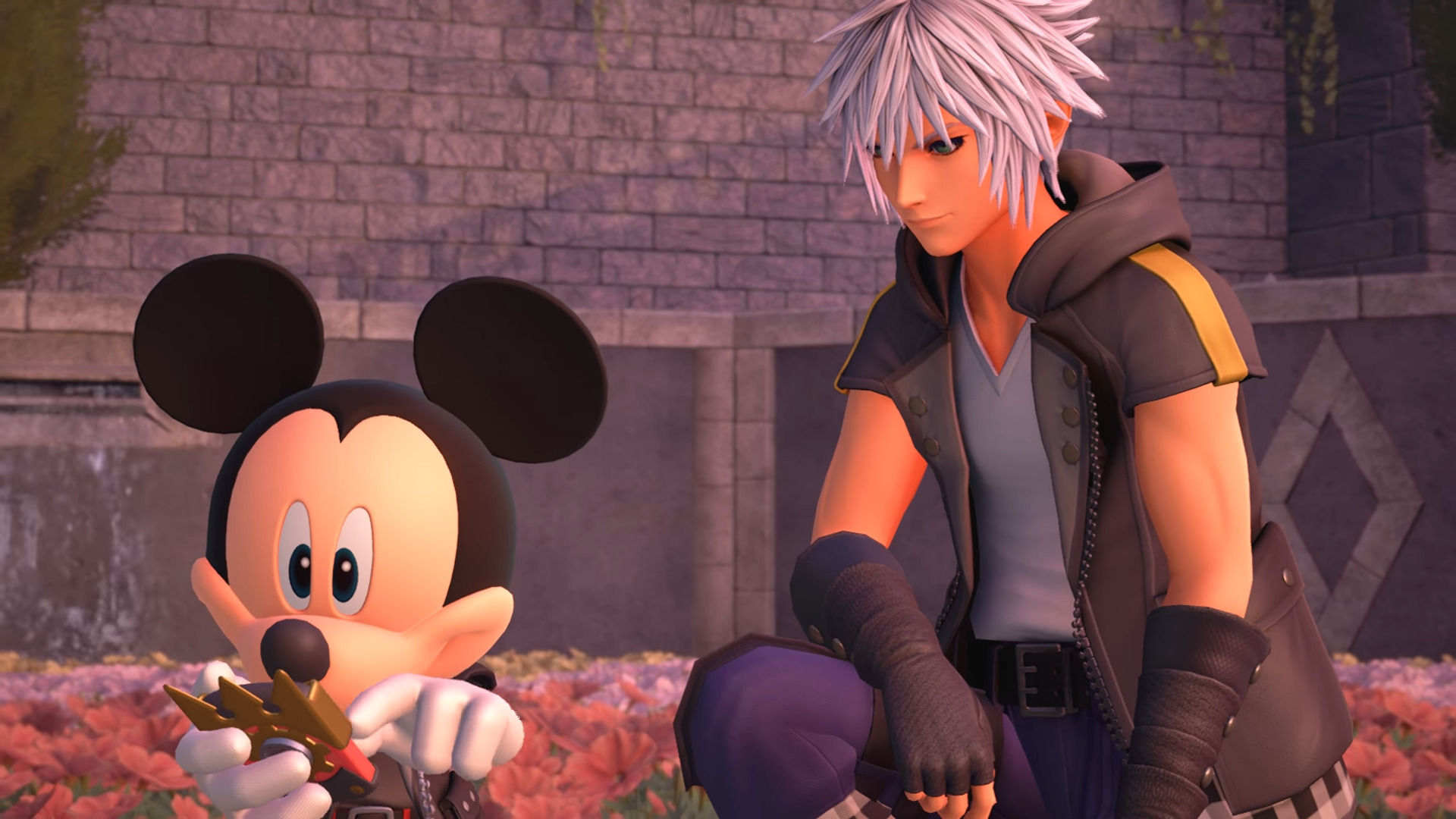 King Mickey (Chris Diamantopoulos) and Riku (David Gallagher) wish Sora (Haley Joel Osment) the best of luck in Kingdom Hearts 3 (2019), Square Enix