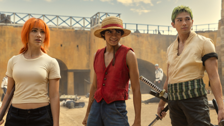 One Piece. (L to R) Emily Rudd as Nami, Iñaki Godoy as Monkey D. Luffy, Mackenyu Arata as Roronoa Zoro in season 1 of One Piece. Cr. Casey Crafford/Netflix © 2023