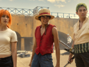 One Piece. (L to R) Emily Rudd as Nami, Iñaki Godoy as Monkey D. Luffy, Mackenyu Arata as Roronoa Zoro in season 1 of One Piece. Cr. Casey Crafford/Netflix © 2023