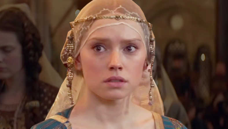 Ophelia (Daisy Ridley) attends the wedding of Claudius (Clive Owen) and Gertrude (Naomi Watts) in Ophelia (2018), Covert Media