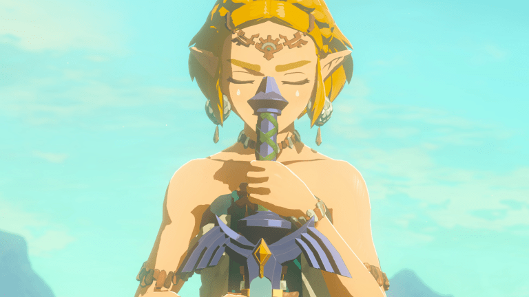 Zelda (Yu Shimamura) draws the Master Sword in The Legend of Zelda: Tears of the Kingdom (2023), Nintendo