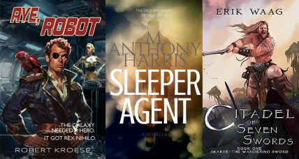 A collage of sci-fi, espionage, and fantasy book covers.