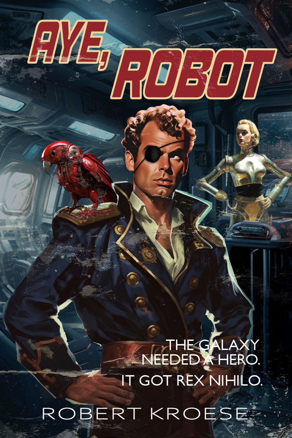 Rex Nihilo stands with arms akimbo and a mechanical parrot on his shoulder, while a female robot looks on behind him on the cover of 'Aye, Robot.'
