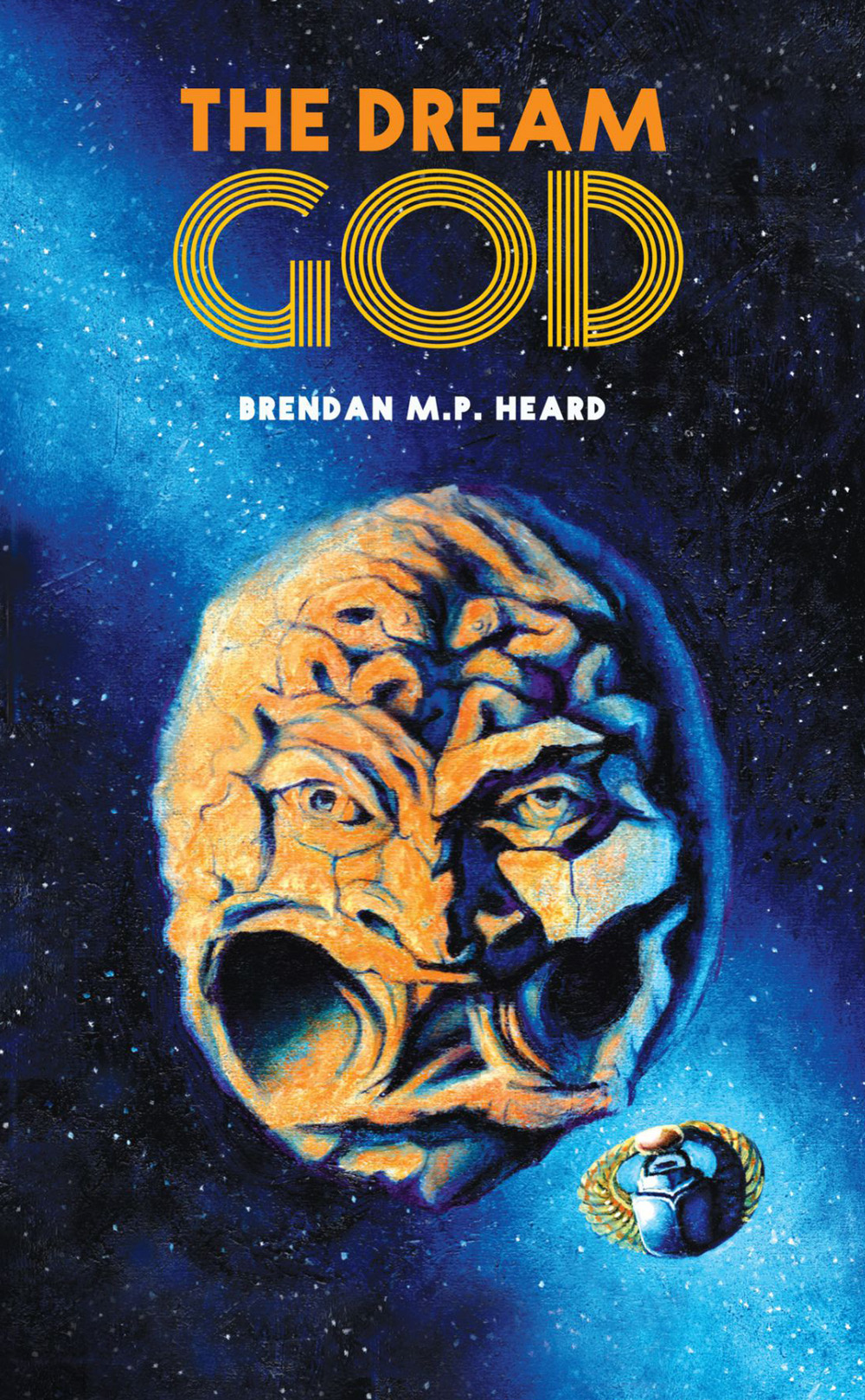 A creepy face appears in the middle of outer space on the cover of 'The Dream God.'