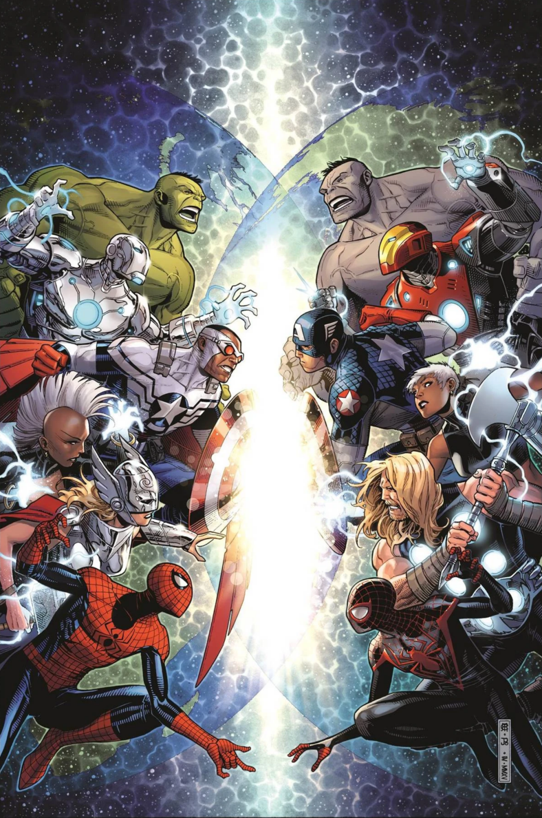 The 616 clashes with the 1610 on Jim Cheung's cover to Secret Wars Vol. 1 #1 "The End Times" (2015), Marvel Comics