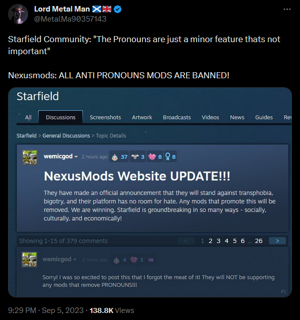 Nexus Mods reportedly banning Starfield mods that remove pronouns - Niche  Gamer