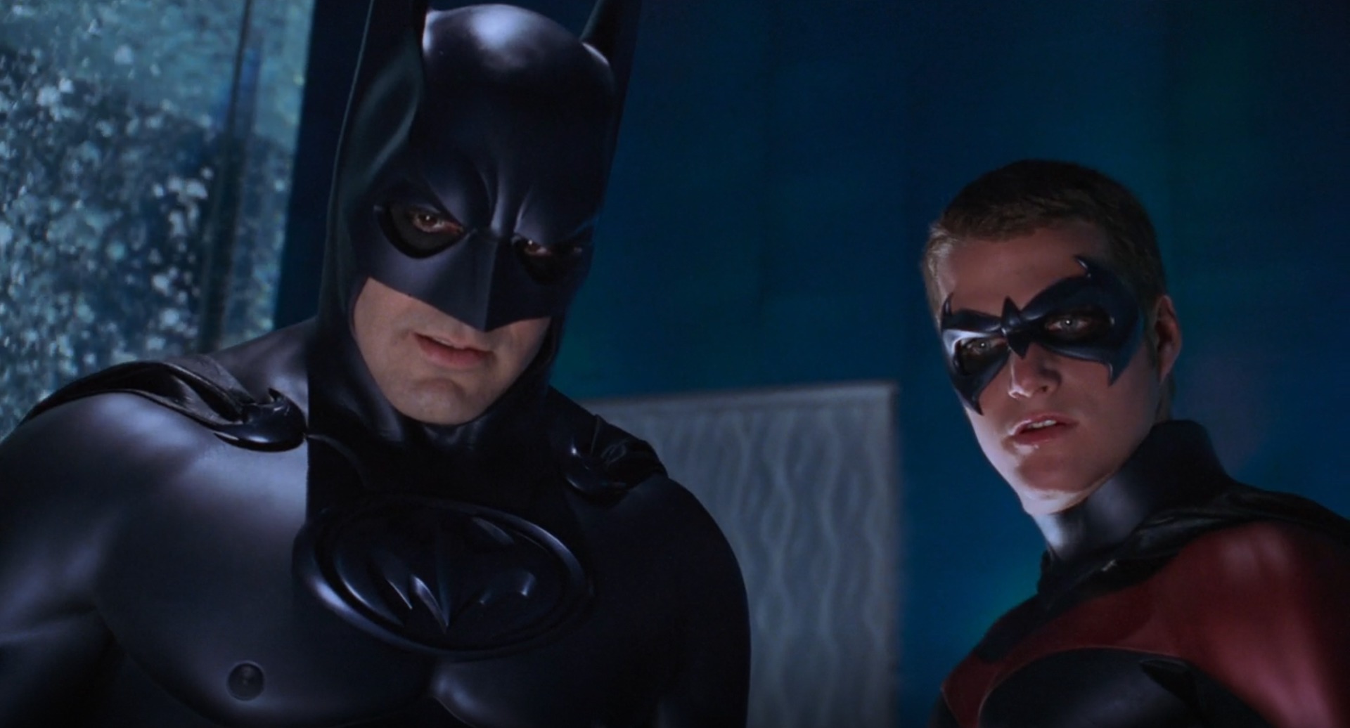 George Clooney as Batman and Chris O’Donnell as Robin in Batman & Robin (1997), Warner Bros. Pictures