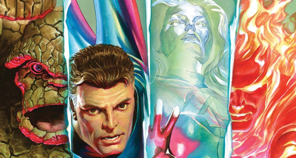 The Fantastic Four line-up on Alex Ross' variant cover to Fantastic Four Vol. 7 #1 "The Last Town on the Left" (2022), Marvel Comics