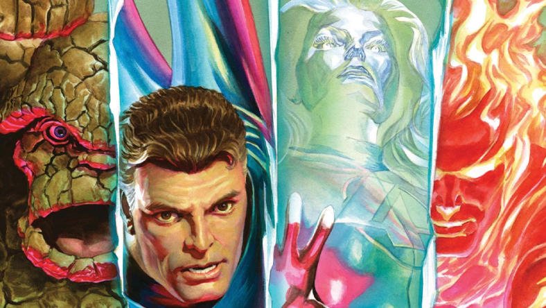 The Fantastic Four line-up on Alex Ross' variant cover to Fantastic Four Vol. 7 #1 "The Last Town on the Left" (2022), Marvel Comics