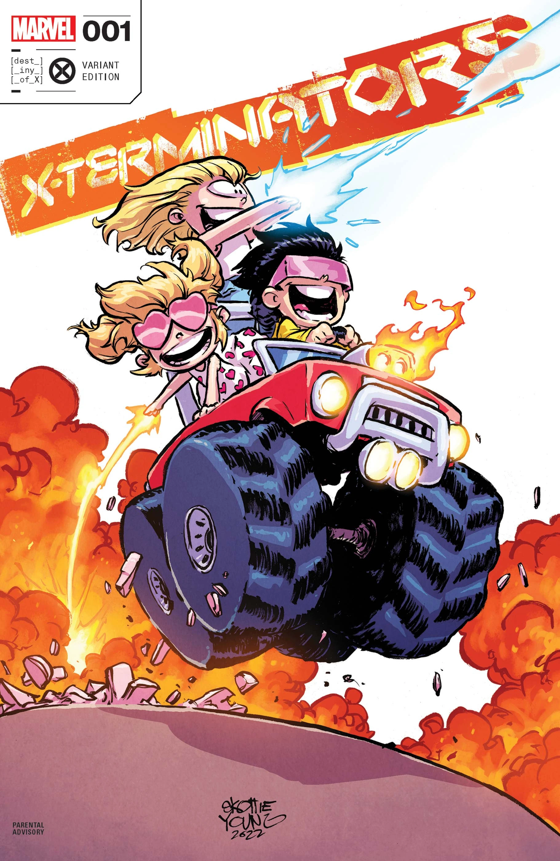 Jubilee, Dazzler, and Boom-Boom go for a ride on Skottie Young's variant cover to X-Terminators Vol. 2 #1 "This Book Is Gleefully Transgressive" (2022), Marvel Comics