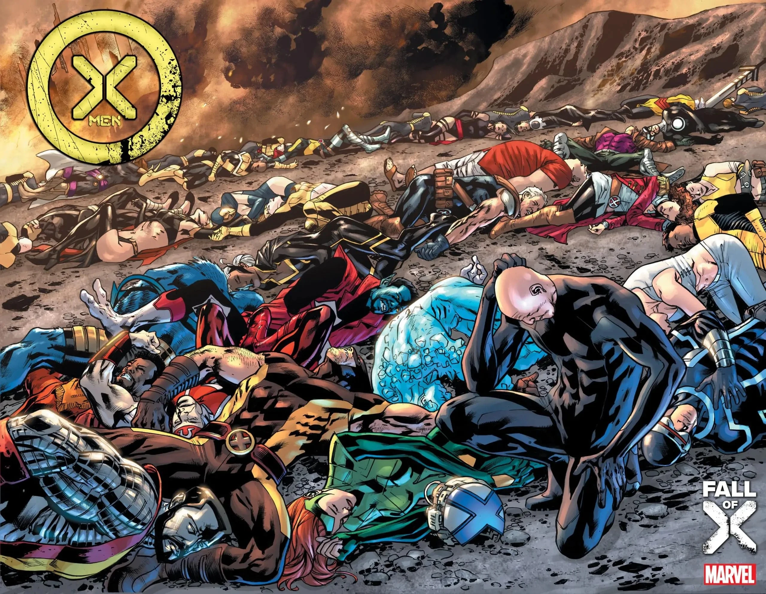 Professor X mourns The Fall of X on Bryan Hitch's variant cover to X-Men Vol. 6 #25 "From The Shadows" (2023), Marvel Comics.
