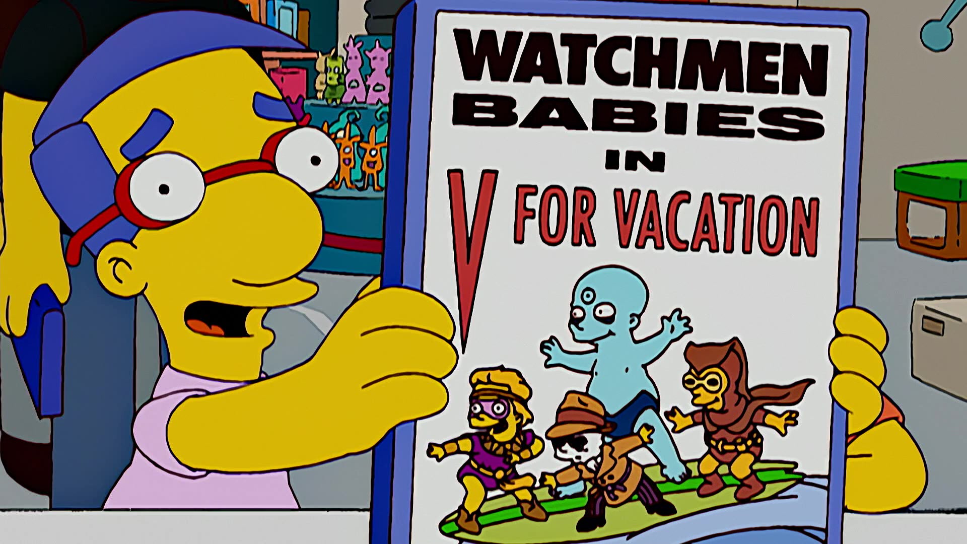Milhouse (Pamela Hayden) asks Alan Moore (Himself) which of the Watchmen Babies is his favorite in The Simpsons Season 19 Episode 7 "Husbands and Knives" (2007), Fox Studios