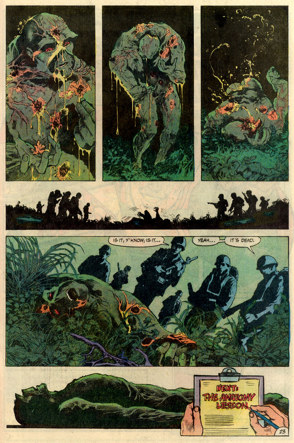 Alec Holland is gunned down by the Sunderland Corporation's foot soldiers in Swamp Thing Vol. 2 #20 "Loose Ends" (1984), DC Comics. Words by Alan Moore, art by Dan Day, John Totleben, Tatjana Wood, and John Costanza