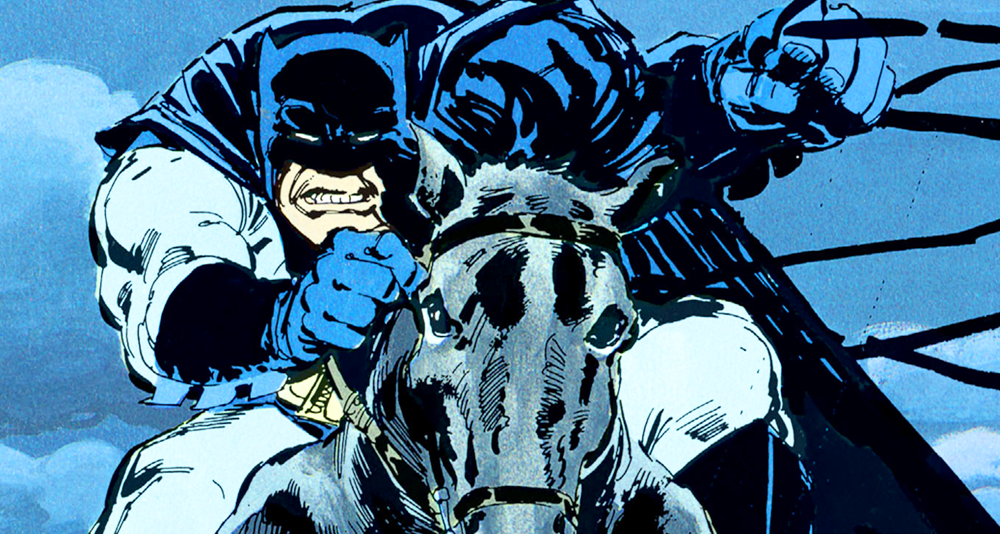 Batman leads the final charge in Batman: The Dark Knight Returns Vol. 1 #4 "The Dark Knight Falls" (1986), DC Comics. Words and art by Frank Miller.