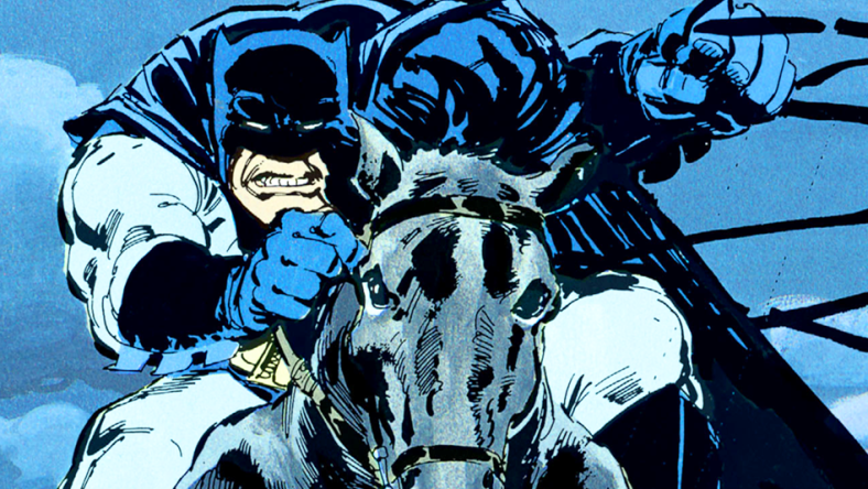 Batman leads the final charge in Batman: The Dark Knight Returns Vol. 1 #4 "The Dark Knight Falls" (1986), DC Comics. Words and art by Frank Miller.