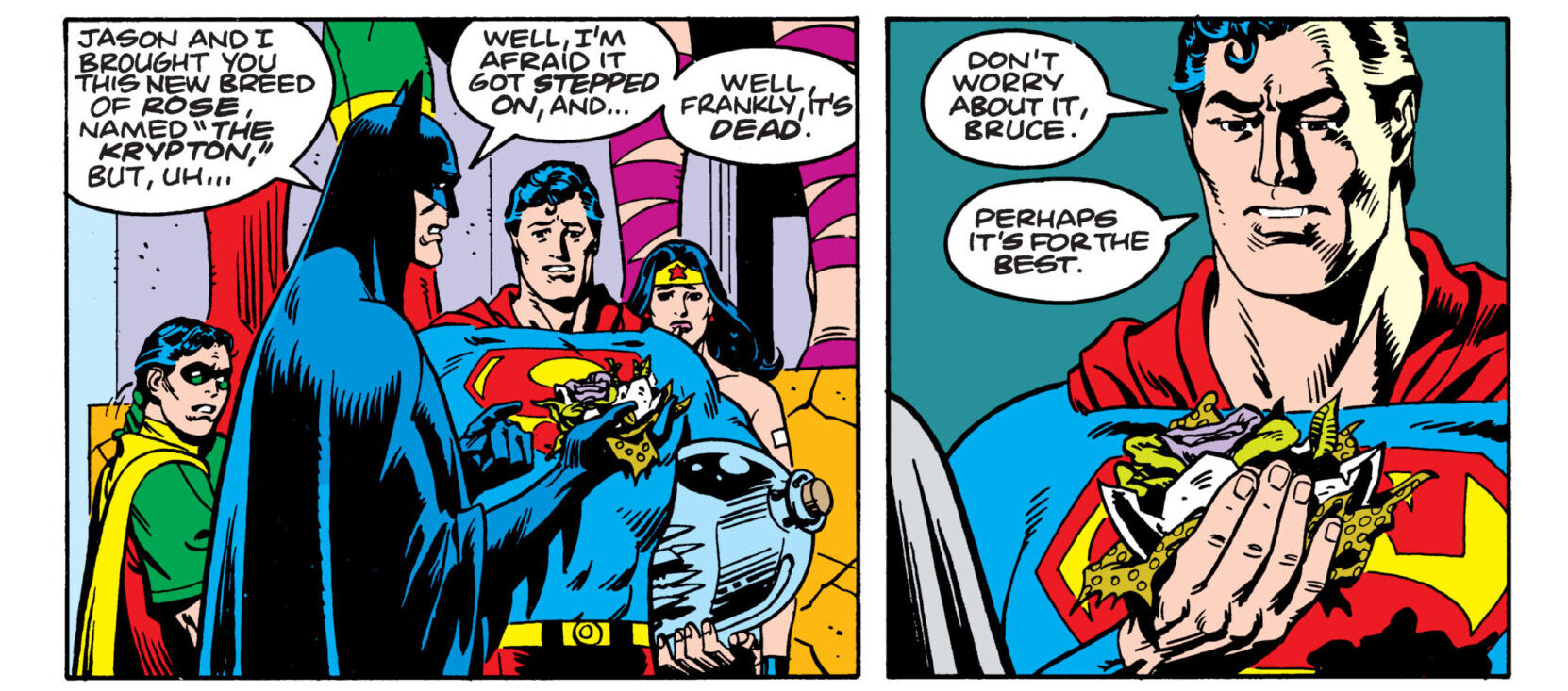 Batman gives Superman a birthday present in Superman Annual #11 “For the Man Who Has Everything” (1985), DC Comics. Words by Alan Moore, art by Dave Gibbons and Tom Ziuko.