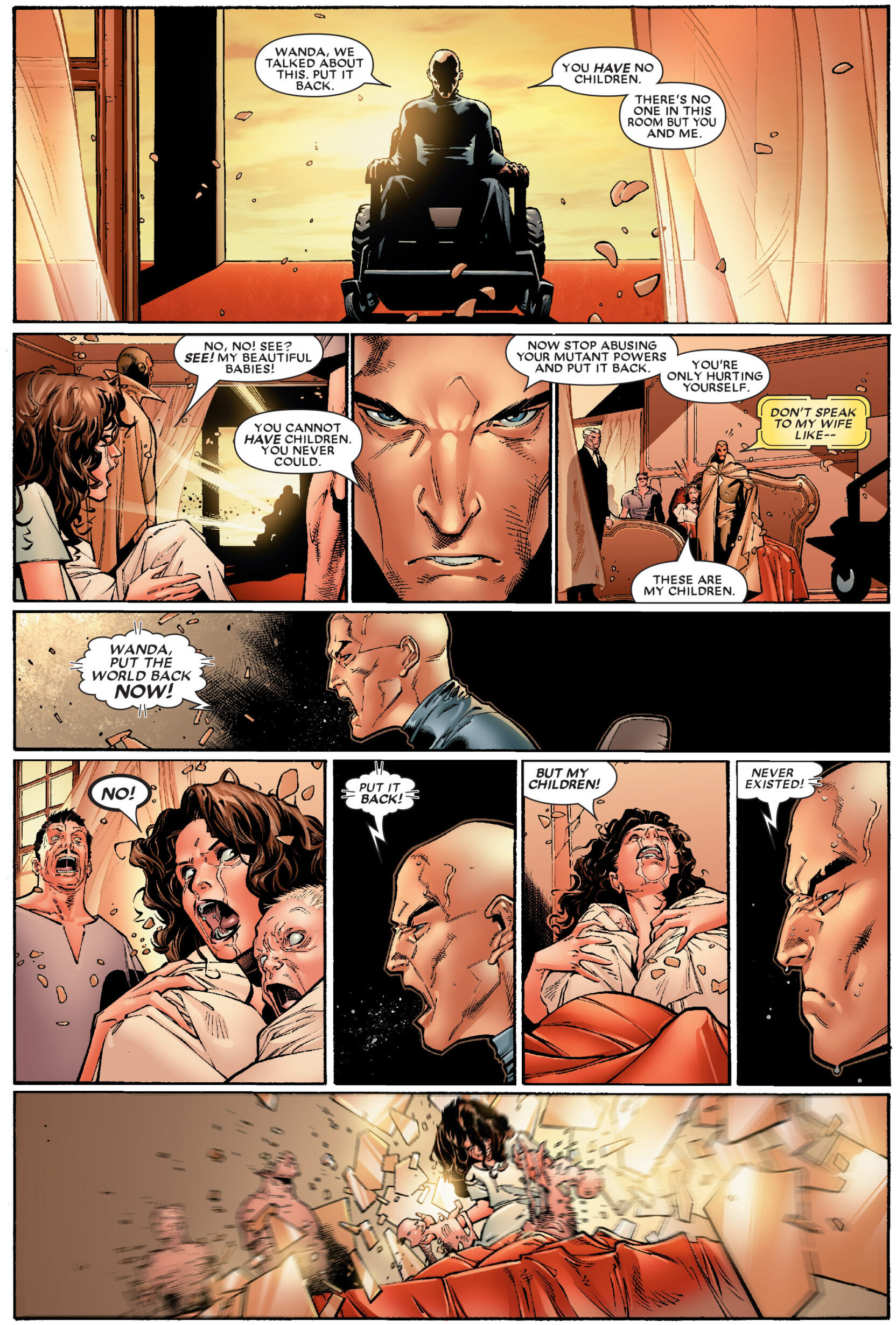 Professor X attempts to break through the Scarlet Witch's sense of denial in House of M Vol. 1 #1 (2005). Words by Brian Michael Bendis, art by Olivier Coipel, Tim Townsend, Frank D'Armata, and Chris Eliopoulos.