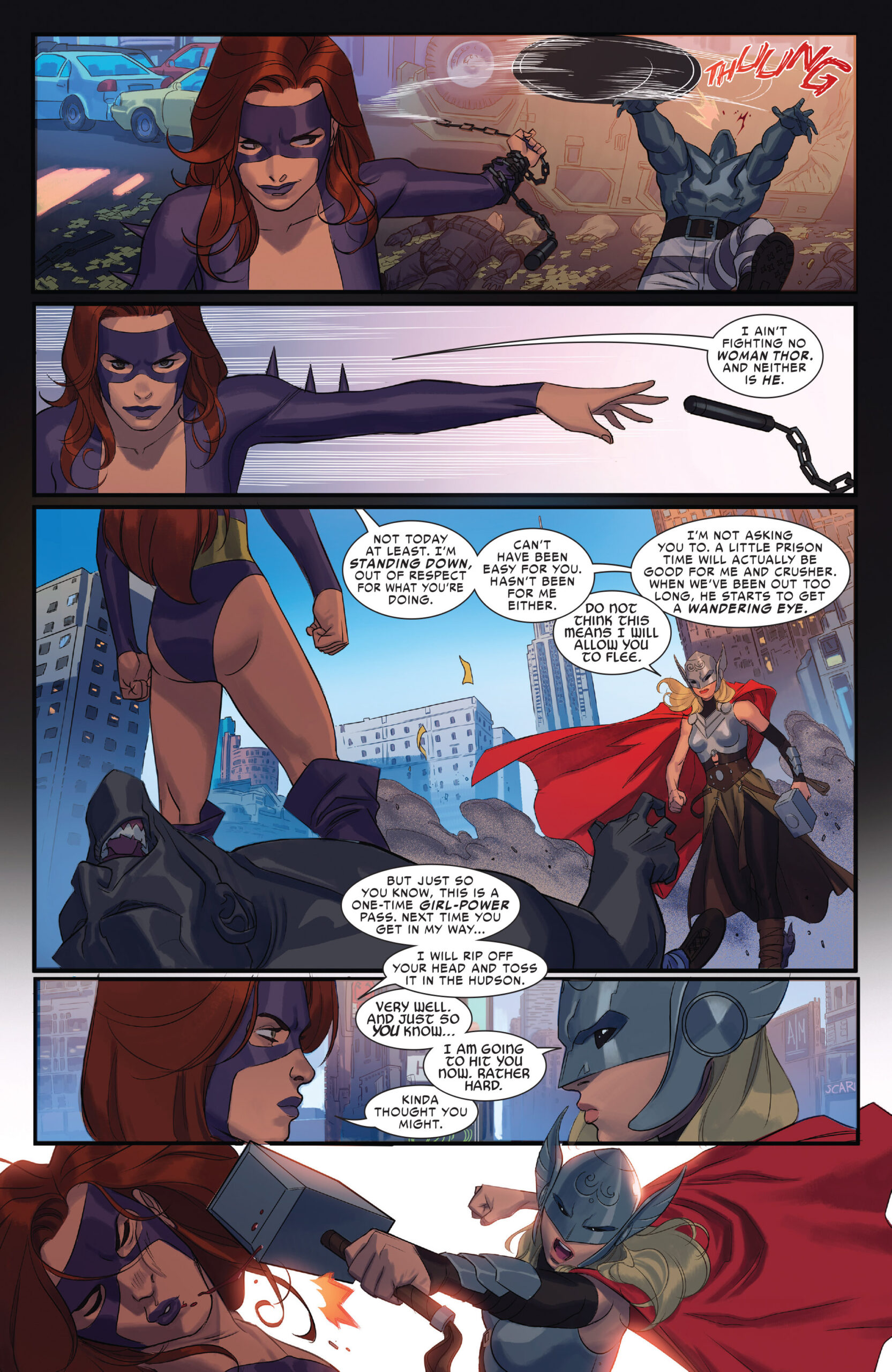 Titania throws down her weapon in a moment of feminist solidarity in Thor Vol. 4 #5 "Behold, A New Age of Thunder" (2015), Marvel Comics. Words by Jason Aaron, art by Jorge Molina and Joe Sabino.