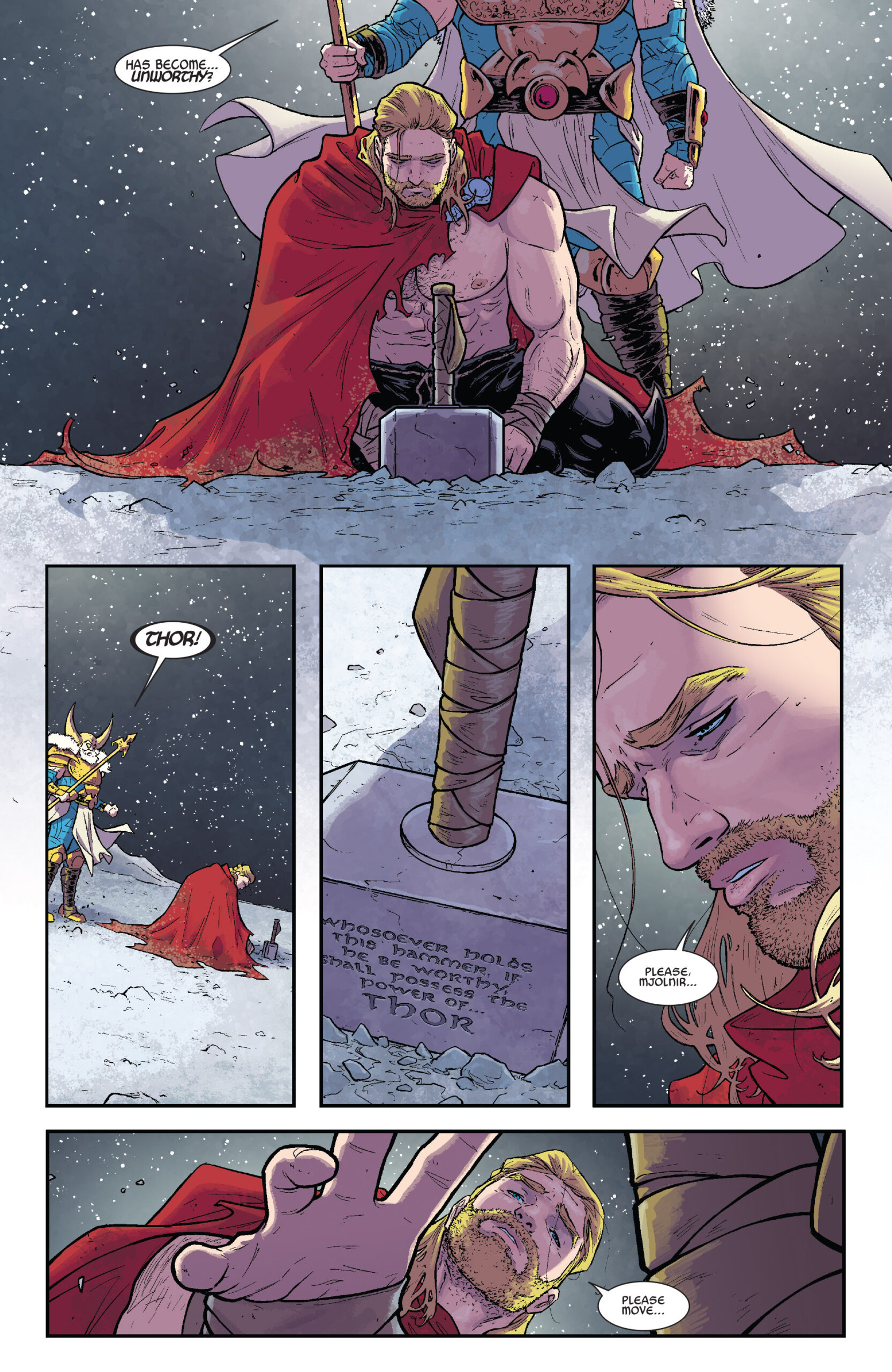 Thor struggles with Nick Fury's recent revelation in Thor Vol. 4 #1 "If He Be Worthy" (2014), Marvel Comics. Words by Jason Aaron, art by Russell Dauterman, Matthew Wilson, and Joe Sabino.