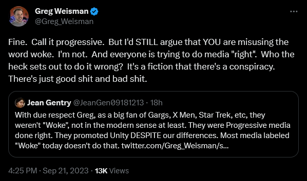The discourse unfolds around 'Young Justice', 'The Spectacular Spider-Man', and 'Gargoyles' creator Greg Weisman's declaration that he has always been "woke".
