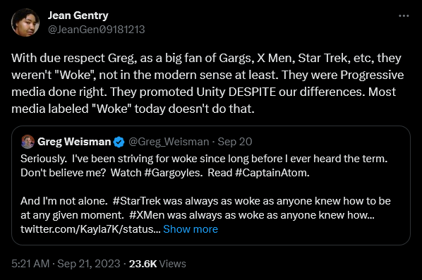 The discourse unfolds around 'Young Justice', 'The Spectacular Spider-Man', and 'Gargoyles' creator Greg Weisman's declaration that he has always been "woke".