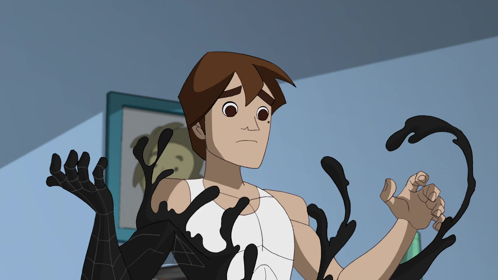 Peter Parker (Josh Keaton) is overtaken by the Venom symbiote in The Spectacular Spider-Man Season 1 Episode 11 "Group Therapy" (2008), Marvel Entertainment
