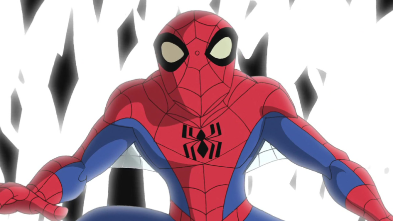 Peter Parker (Josh Keaton) breaks free from the Venom symbiote's hold in The Spectacular Spider-Man Season 1 Episode 12 "Intervention" (2008), Marvel Entertainment