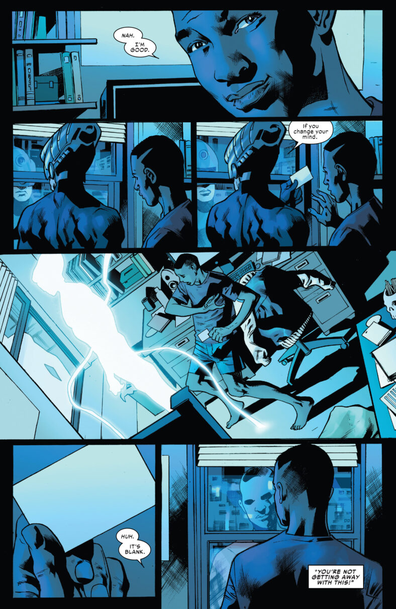 The Maker lets Miles Morales know that his offer to return home stands in perpetuity in Ultimate Invasion Vol. 1 #1 "Chapter One: Good Artists Copy" (2023), Marvel Comics. Words by Jonathan Hickman, art by Bryan Hitch, Andrew Currie, Alex Sinclair, and Joe Caramagna.