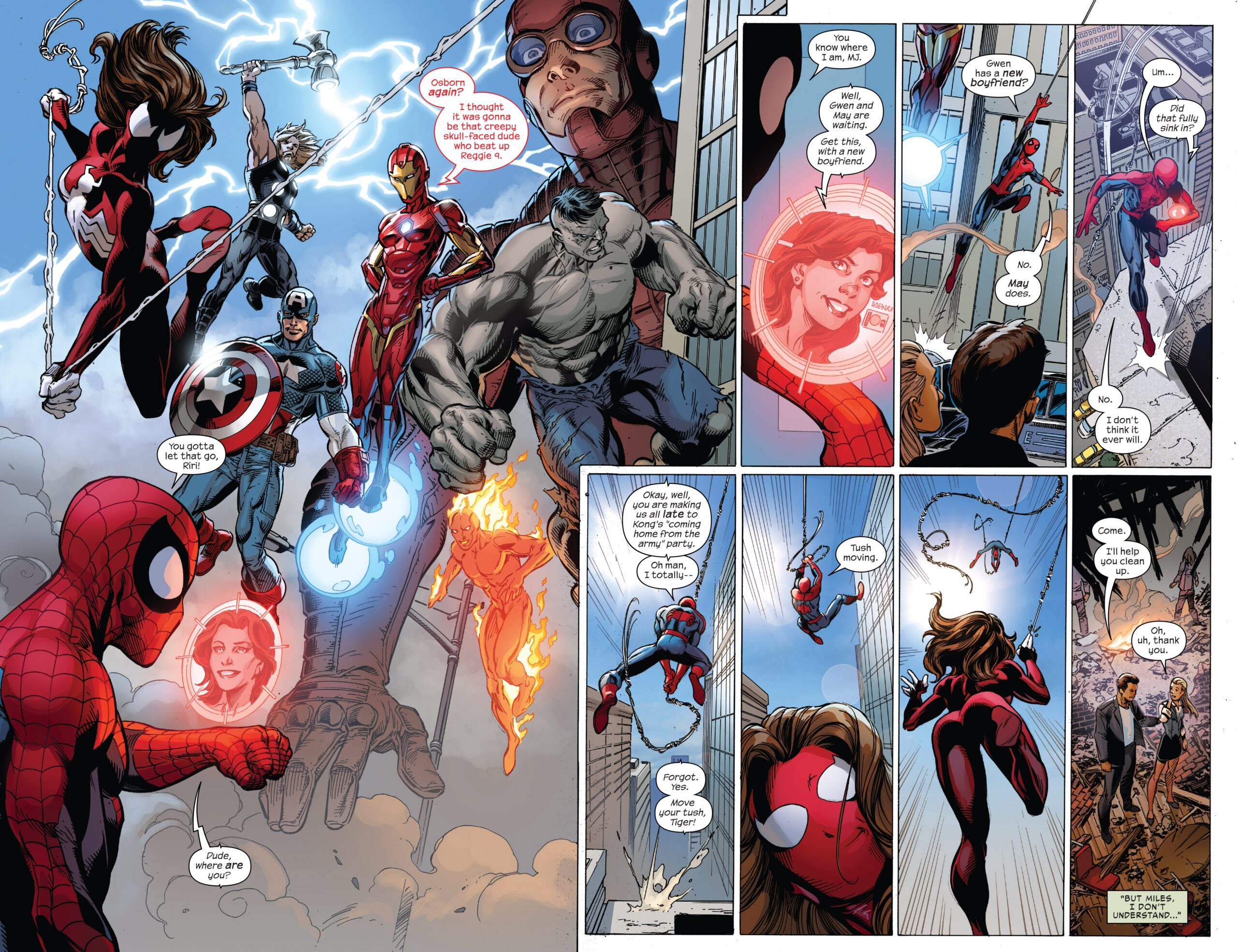 Peter Parker is alive and well in the 1610 in Spider-Men II Vol. 1 #5 ((2017), Marvel Comics. Words by Brian Michael Bendis, art by Sara Pichelli, Mark Bagley, Elisabetta D'Amico, John Dell, Justin Ponsor, and Cory Petit.