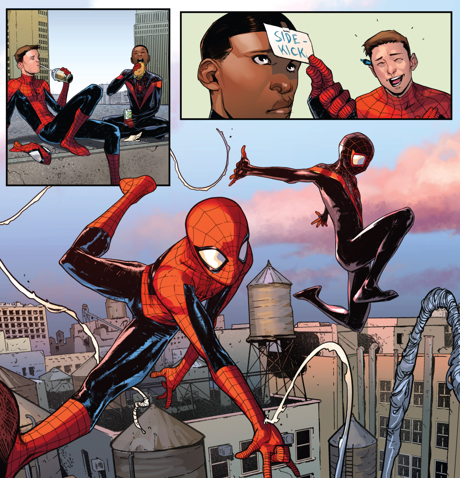 The two Spider-Men of the 1610 take to the skies in Ultimate Spider-Man Vol. 1 #200 (2014), Marvel Comics. WOrds by Brian Michael Bendis, art by David Marquez, Mark Bagley, Mark Brooks, Stuart Immonen, David Lafuente, Sara Pichelli, Justin Ponsor, and Cory Petit.